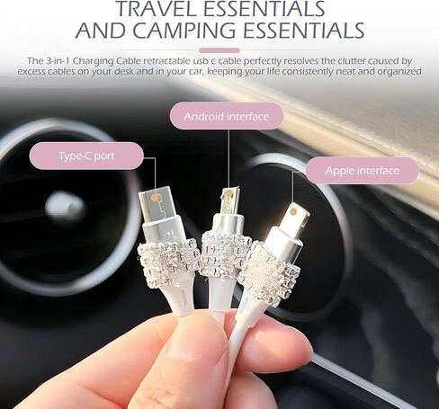 كابل شحن متعدد، شاحن سيارة قابل للسحب 3 في 1 كابل شحن متعدد مع موصلات USB من النوع C/Lightning/Micro، عالمي لأجهزة iPhone/Samsung/الأجهزة اللوحية وجميع الأجهزة، أنيق للنساء (وردي) in Kuwait