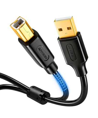 كابل طابعة USB 2.0 بطول 2 متر (6.6 قدم)، كابل A إلى B مطلي بالذهب مع قلب من الفريت، أسلاك نحاسية AWG 24/28، سرعة عالية 480 ميجابت في الثانية للطابعات والماسحات الضوئية والفاكس والأقراص الصلبة in Kuwait
