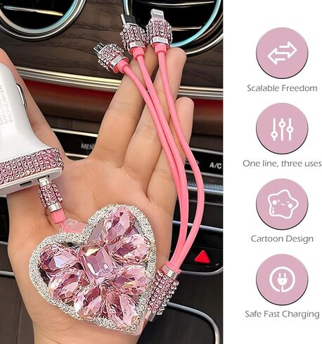 كابل شحن متعدد، شاحن سيارة قابل للسحب 3 في 1 كابل شحن متعدد مع موصلات USB من النوع C/Lightning/Micro، عالمي لأجهزة iPhone/Samsung/الأجهزة اللوحية وجميع الأجهزة، أنيق للنساء (وردي) in Kuwait