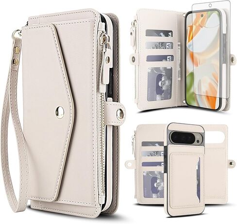 Phone Case for Google Pixel 9 Pro XL/10 Pro XL Wallet Cover Compatible with Magsafe RFID Screen Protector Crossbody Lanyard Strap Flip Card Holder Slot Zipper Purse Nine Ten 6.8 inch Black in Kuwait