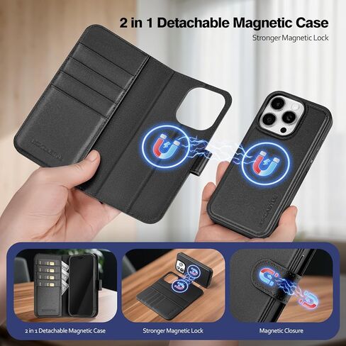 Magnetic 2 in 1 Detachable Compatible with Magsafe iPhone 15 Pro Max Genuine Wallet Case with Card Holder,Women Men Leather Flip RFID Blocking Credit Card Slots Stand Phone Cover,Black in Kuwait