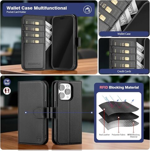 Magnetic 2 in 1 Detachable Compatible with Magsafe iPhone 15 Pro Max Genuine Wallet Case with Card Holder,Women Men Leather Flip RFID Blocking Credit Card Slots Stand Phone Cover,Black in Kuwait