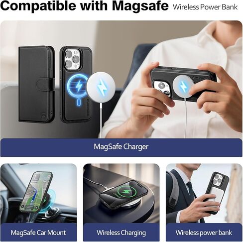 Magnetic 2 in 1 Detachable Compatible with Magsafe iPhone 15 Pro Max Genuine Wallet Case with Card Holder,Women Men Leather Flip RFID Blocking Credit Card Slots Stand Phone Cover,Black in Kuwait