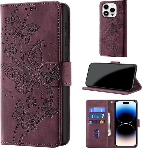 حافظة محفظة لهاتف iPhone 14 Pro، [حجب RFID] حامل 3 بطاقات [هيكل TPU مقاوم للصدمات]، غطاء قلاب واقٍ من جلد البولي يوريثان بإغلاق مغناطيسي مقاس 6.1 بوصة، أرجواني in Kuwait