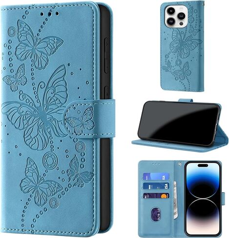 Case Wallet for iPhone 14 Pro, [RFID Blocking] 3 Card Holder Stand [Shockproof TPU Shell], PU Leather Magnetic Closure Protective Flip Cover 6.1-inch, Purple in Kuwait