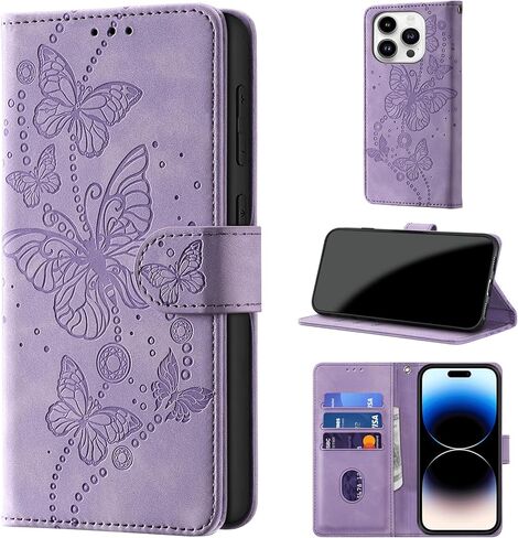 Case Wallet for iPhone 14 Pro, [RFID Blocking] 3 Card Holder Stand [Shockproof TPU Shell], PU Leather Magnetic Closure Protective Flip Cover 6.1-inch, Purple in Kuwait