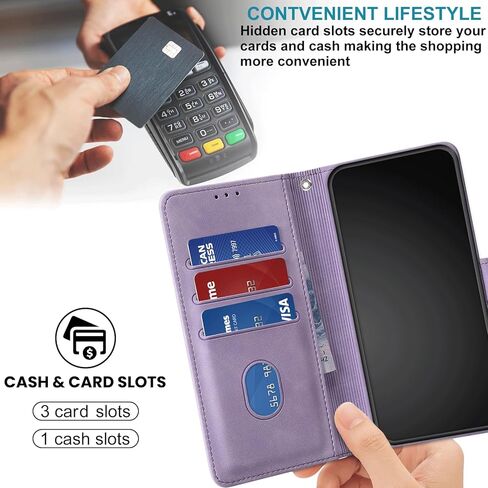 Case Wallet for iPhone 14 Pro, [RFID Blocking] 3 Card Holder Stand [Shockproof TPU Shell], PU Leather Magnetic Closure Protective Flip Cover 6.1-inch, Purple in Kuwait