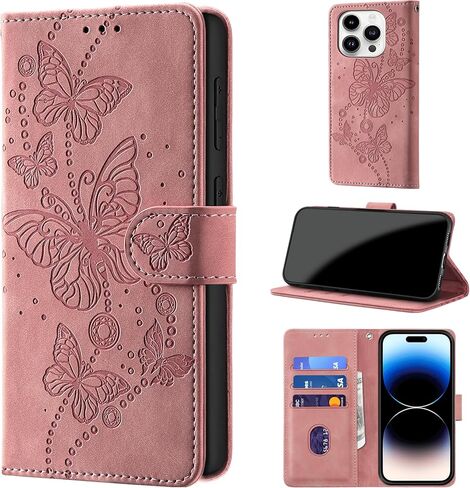Case Wallet for iPhone 14 Pro, [RFID Blocking] 3 Card Holder Stand [Shockproof TPU Shell], PU Leather Magnetic Closure Protective Flip Cover 6.1-inch, Purple in Kuwait