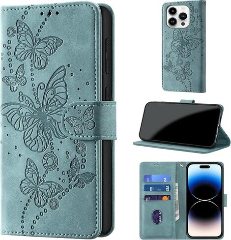 Case Wallet for iPhone 14 Pro, [RFID Blocking] 3 Card Holder Stand [Shockproof TPU Shell], PU Leather Magnetic Closure Protective Flip Cover 6.1-inch, Purple in Kuwait