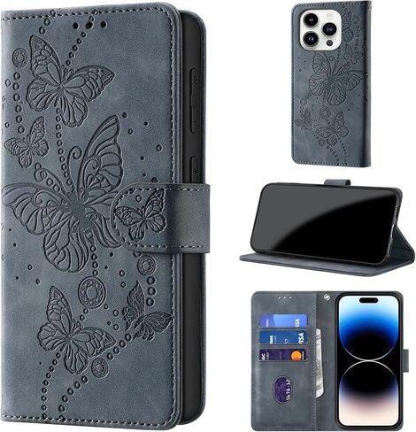 Case Wallet for iPhone 14 Pro, [RFID Blocking] 3 Card Holder Stand [Shockproof TPU Shell], PU Leather Magnetic Closure Protective Flip Cover 6.1-inch, Purple in Kuwait