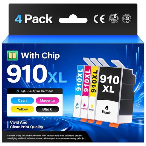 مجموعة خراطيش حبر 910XL مكونة من 4 قطع بديلة عالية الإنتاجية لحبر HP 910XL 910 المتوافق مع طابعات HP OfficeJet 8010 8020 Pro 8030 8015e 8025e 8028 8035 8018 8022e، اللون أسود سماوي أرجواني أصفر in Kuwait