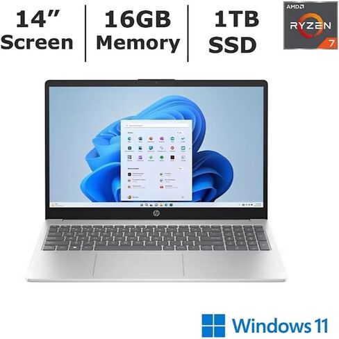 كمبيوتر دفتري HP مقاس 14 بوصة عالي الدقة، ومعالج AMD Ryzen 7، وذاكرة 16 جيجابايت، ومحرك أقراص SSD سعة 1 تيرابايت، ونظام التشغيل Windows 11 Home B43BVUA#ABA in Kuwait