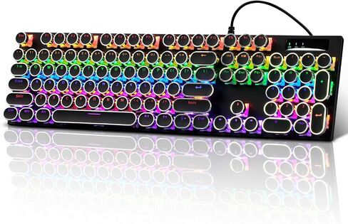 Guiheng Wired Typewriter Style Mechanical Gaming Keyboard, Black Retro Punk Gaming Keyboard with RGB Backlit, 104 Keys Blue Switch Wired Cute Keyboards, Round Keycaps for Windows/Mac/PC in Kuwait