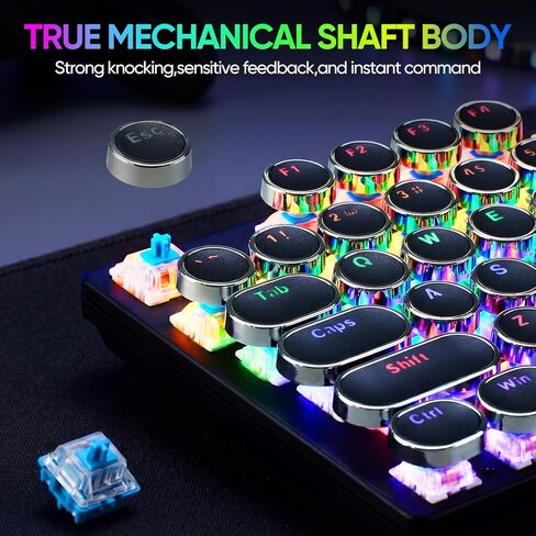 Guiheng Wired Typewriter Style Mechanical Gaming Keyboard, Black Retro Punk Gaming Keyboard with RGB Backlit, 104 Keys Blue Switch Wired Cute Keyboards, Round Keycaps for Windows/Mac/PC in Kuwait
