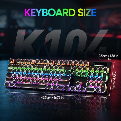 Guiheng Wired Typewriter Style Mechanical Gaming Keyboard, Black Retro Punk Gaming Keyboard with RGB Backlit, 104 Keys Blue Switch Wired Cute Keyboards, Round Keycaps for Windows/Mac/PC in Kuwait