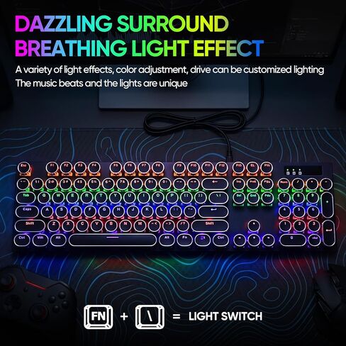 Guiheng Wired Typewriter Style Mechanical Gaming Keyboard, Black Retro Punk Gaming Keyboard with RGB Backlit, 104 Keys Blue Switch Wired Cute Keyboards, Round Keycaps for Windows/Mac/PC in Kuwait