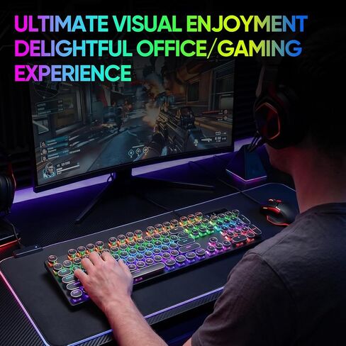 Guiheng Wired Typewriter Style Mechanical Gaming Keyboard, Black Retro Punk Gaming Keyboard with RGB Backlit, 104 Keys Blue Switch Wired Cute Keyboards, Round Keycaps for Windows/Mac/PC in Kuwait