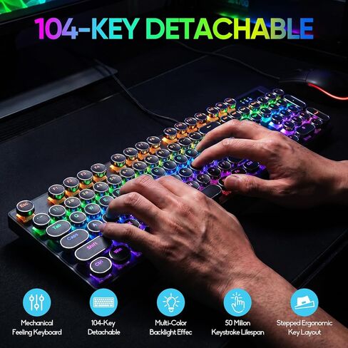 Guiheng Wired Typewriter Style Mechanical Gaming Keyboard, Black Retro Punk Gaming Keyboard with RGB Backlit, 104 Keys Blue Switch Wired Cute Keyboards, Round Keycaps for Windows/Mac/PC in Kuwait