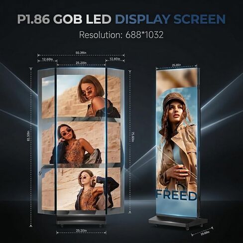90 inch LED Digital Signage, P1.86 Tri-Fold Dual-Sided Foldable LED Poster Screen with Flight Case, GOB Commercial Advertising Display Screen Kiosk, WiFi/USB/HDMI, for Store, Rentals, Events in Kuwait