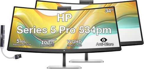شاشة HP Series 5 Pro 534pm 34 بوصة WQHD USB-C، كاميرا ويب منبثقة 5 ميجابكسل، إمالة، دوارة، مكبرات صوت AI لتقليل الضوضاء، VESA، HDMI وDKZ USB Expander، أسود/فضي (9E0Z2UT#ABA) in Kuwait