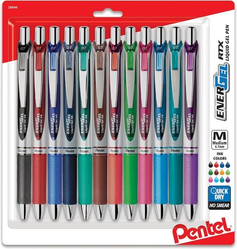أقلام جل سائلة قابلة للسحب من Pentel® EnerGel™ RTX، نقطة متوسطة، 0.7 مم، ألوان متنوعة، عبوة مكونة من 12 قلمًا in Kuwait