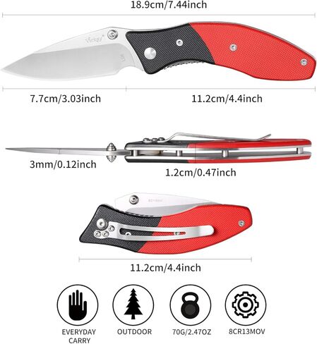 Vickay Pocket Knife, Folding Knife with Clip, EDC Knife for Men & Women, 3in 8Cr13MoV Stainless Steel Blade, G10 Handle, Liner Lock, Perfect for outdoor Camping, Tactical, Fishing and Hunting ( Black & Red ) in Kuwait