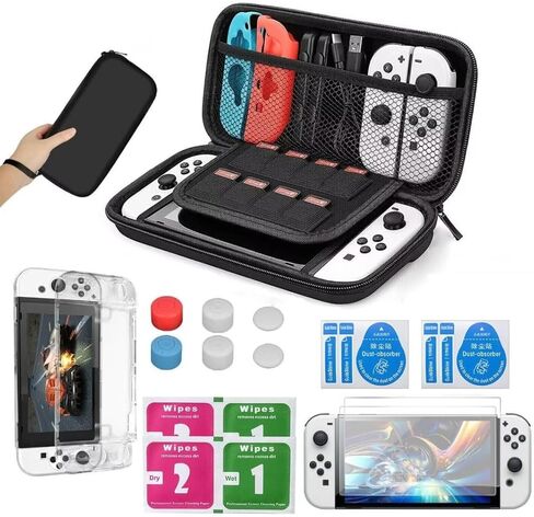 جديد 2023 لجهاز Nintendo Switch OLED - حقيبة حمل سوداء وقطعتين من واقي الشاشة الزجاجي المقوى بصلابة 9H وغطاء شفاف مقاوم للسقوط ومقاومة الصدمات (مع أغطية الإبهام) in Kuwait