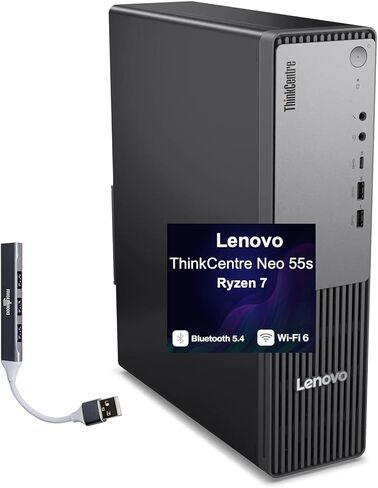 كمبيوتر سطح المكتب الصغير Lenovo ThinkCentre Neo 55s Business (AMD Ryzen 7 250، AMD Radeon 780M، 32GB DDR5، 2TB PCIe SSD، WiFi 6، Bluetooth 5.4، 200W PSU، RJ-45، 1 Display Port، Win 11 Pro) مع موسع منفذ USB DKZ in Kuwait