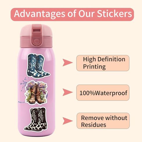 56Pcs Cowboy Boots Stickers Country Western Cowgirl Decals Waterproof Vinyl Water Bottle Sticker Pack for Laptop, Phone, Scrapbook, Skateboard, Guitar, Suitcase, Female Gift in Saudi Arabia