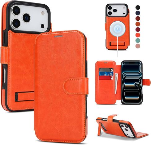 for iPhone 17 Pro Max Wallet Case with Stand,PU Leather Flip Credit Card Holder Slots (RFID Blocking),Compatible with Magsafe Magnetic Holder Phone Cover Women Men,Orange in Kuwait