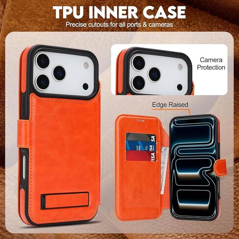 for iPhone 17 Pro Max Wallet Case with Stand,PU Leather Flip Credit Card Holder Slots (RFID Blocking),Compatible with Magsafe Magnetic Holder Phone Cover Women Men,Orange in Kuwait