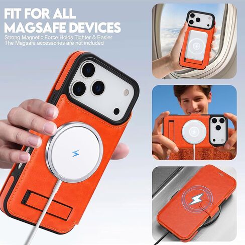 for iPhone 17 Pro Max Wallet Case with Stand,PU Leather Flip Credit Card Holder Slots (RFID Blocking),Compatible with Magsafe Magnetic Holder Phone Cover Women Men,Orange in Kuwait