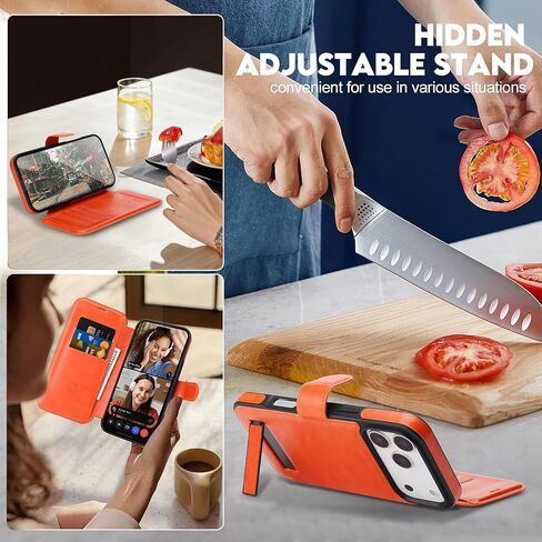 for iPhone 17 Pro Max Wallet Case with Stand,PU Leather Flip Credit Card Holder Slots (RFID Blocking),Compatible with Magsafe Magnetic Holder Phone Cover Women Men,Orange in Kuwait
