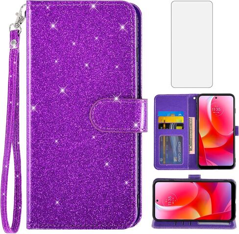 حافظة هاتف Asuwish لهاتف Motorola Moto G Power 2022/MotoG Play 2023/G Pure 2021 مع واقي شاشة وملحقات وحامل بطاقات ومحفظة لامعة XT2165DL XT2163DL XT2165-5 XT2271-5 للنساء والرجال أرجواني in Kuwait