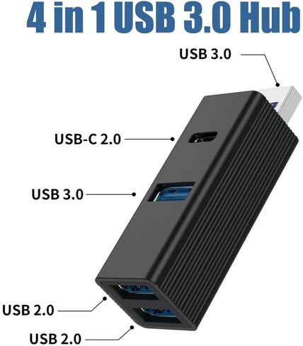4-in-1 USB 3.0 Hub with Type-C Port, High-Speed USB Splitter, Plug and Play Multi-Port Adapter for Laptop and Desktop, No External Power Needed, Black in Kuwait