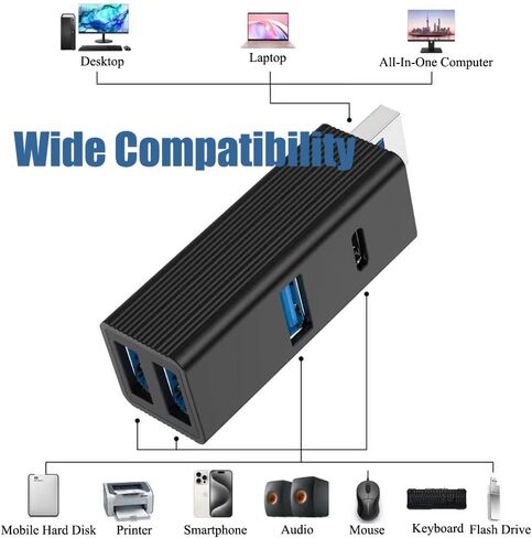 4-in-1 USB 3.0 Hub with Type-C Port, High-Speed USB Splitter, Plug and Play Multi-Port Adapter for Laptop and Desktop, No External Power Needed, Black in Kuwait