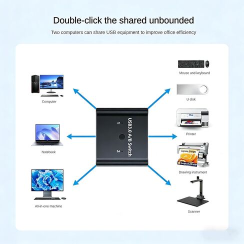 USB 3.0 Switch 2 لمشاركة الكمبيوتر، صندوق محول طرفي USB 3.0 للطابعة ولوحة المفاتيح والماوس والماسح الضوئي، محور USB 3.0 ثنائي الاتجاه متوافق مع نظام التشغيل Windows Mac Linux، التوصيل والتشغيل، لا حاجة إلى برنامج تشغيل in Kuwait
