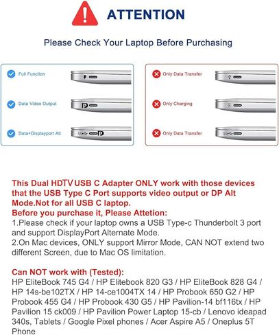 محول USB C مزدوج HDTV، 2 مقسم شاشة، محور USB C لمحطة إرساء HDTV مزدوجة لأجهزة الكمبيوتر المحمولة والشاشات in Kuwait