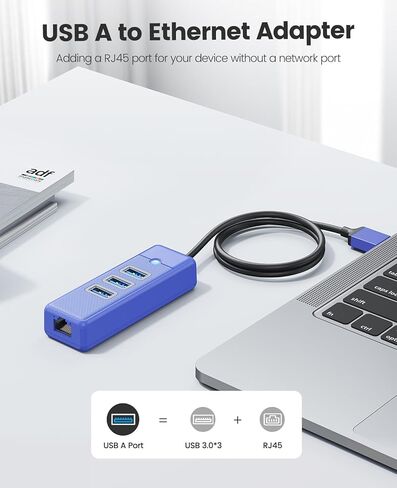 USB Hub Ethernet، 4 منافذ USB 3.0، محول USB-A إلى Gigabit Ethernet مع 3 محاور USB 3.0 لأجهزة الكمبيوتر المحمول، USB Hub 3.0 مع RJ45 10/100/1000 جيجابت in Kuwait