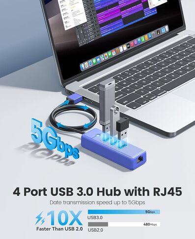 USB Hub Ethernet، 4 منافذ USB 3.0، محول USB-A إلى Gigabit Ethernet مع 3 محاور USB 3.0 لأجهزة الكمبيوتر المحمول، USB Hub 3.0 مع RJ45 10/100/1000 جيجابت in Kuwait