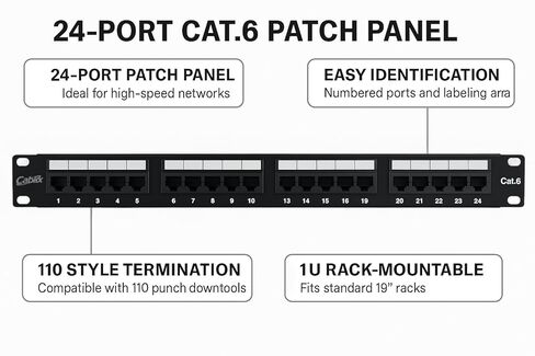لوحة التصحيح 24-Port UTP Cat 6، 110 IDC، أسود - لوحة توزيع الشبكة المتميزة (بدون شريط خلفي) in Kuwait