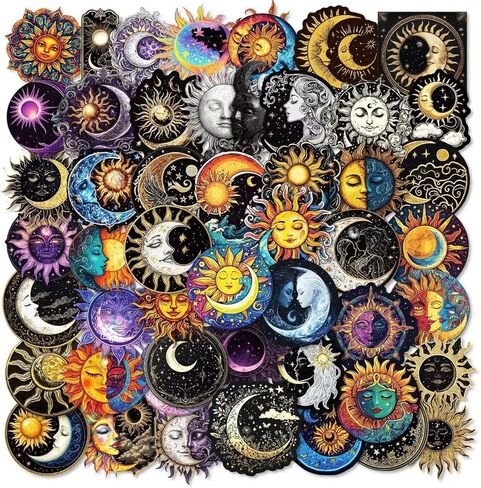 50 Pcs Creative Black Moon and Sun Graffiti Stickers for Scrapbook, Journal, Laptop, Water Bottle, DIY Crafts in Kuwait