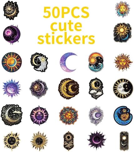 50 Pcs Creative Black Moon and Sun Graffiti Stickers for Scrapbook, Journal, Laptop, Water Bottle, DIY Crafts in Kuwait