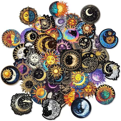 50 Pcs Creative Black Moon and Sun Graffiti Stickers for Scrapbook, Journal, Laptop, Water Bottle, DIY Crafts in Kuwait
