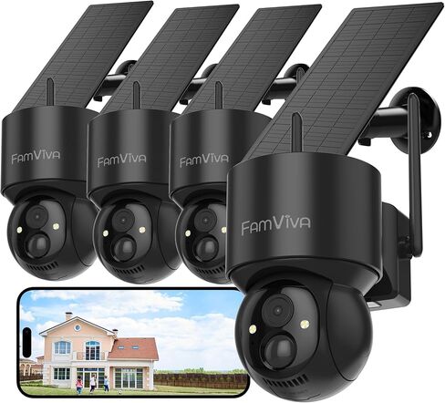 2K Solar Security Cameras Wireless Outdoor, 360°PTZ Battery Powered Cameras for Home Security, 2.4G WiFi Outdoor Camera with Color Night Vision, IP66 Waterproof, Motion Sensor Alarm, Black-4P in Kuwait
