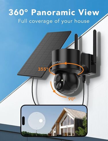2K Solar Security Cameras Wireless Outdoor, 360°PTZ Battery Powered Cameras for Home Security, 2.4G WiFi Outdoor Camera with Color Night Vision, IP66 Waterproof, Motion Sensor Alarm, Black-4P in Kuwait