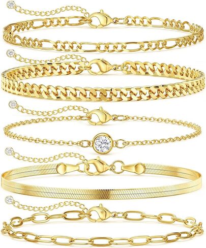 DEARMAY Dainty Gold Bracelets for Women, 14K Real Gold Jewelry Set for Women Paperclip Cuban Link Herringbone Figaro Cubic Zirconia Chain Bracelets Pack for Women Diamond Gifts for Women Girls in Saudi Arabia