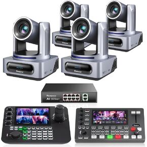 مجموعة/مجموعة كاميرا Tenveo 4K NDI PTZ - 4 كاميرات تتبع AI 20X (SDI/LAN/HDMI/USB3.0)، وحدة تحكم عصا التحكم NDI رباعية الشاشات 7 بوصة، محول فيديو 4K HDMI SDI ومحول شبكة جيجابت PoE بـ 8 منافذ in Kuwait