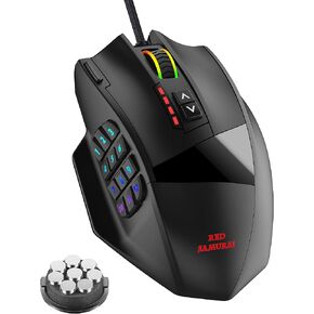 ماوس ألعاب سلكي من RED SAMURAI، ماوس ألعاب MMO بدقة 16400 نقطة في البوصة، 18 زرًا ماكرو قابل للبرمجة، ماوس سلكي RGB مريح مع 12 زرًا جانبيًا، وزن قابل للتعديل، قبضة ثابتة، متوافق مع MMO/FPS/MOBA in Kuwait