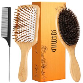 Sofmild Hair Brush-Natural Wooden Bamboo Brush Detangle Paddle Hairbrush for Women Men and Kids Massage Scalp Increase Hair Growth in Kuwait